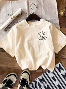 Flirla Women's Round Neck Letter & Graphic Print Summer Casual Versatile Short Sleeve T-Shirt - Apricot - View 3