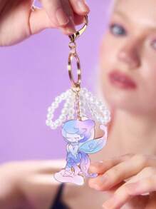Pop Mart Azura X SHEIN Exquisite Handmade Beaded & Faux Pearl Bow Cartoon Pattern Metal Keychain Bag Charm, Dreamy