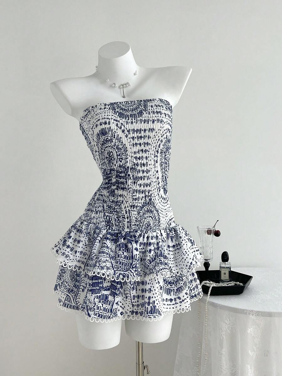 SHEIN Unity 女式复古波西米亚风格简约挂脖休闲节日连衣裙 - 藍白色 - 查看 1