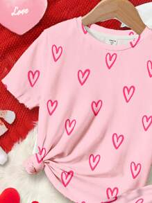 SHEIN Leap Crew Tween Girl 休闲心形印花短袖 T 恤和紧身裤套装，贴身家居睡衣，适合春夏季节、情人节服装、礼物 - 彩色 - 查看 3
