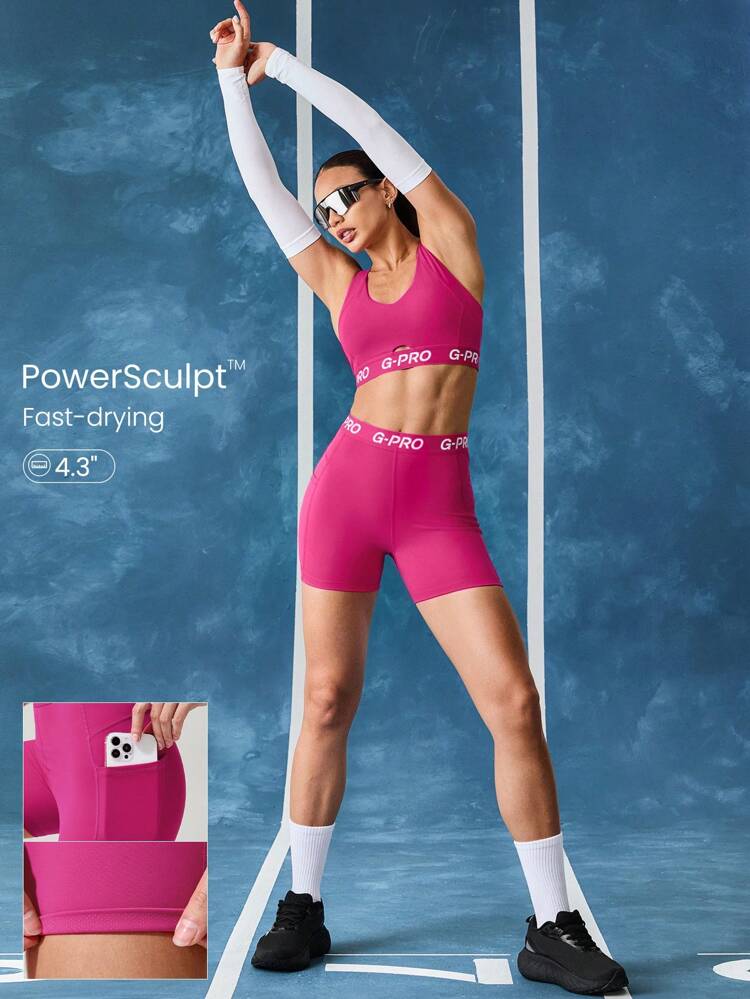 4.3インチ Powersculpt™ クール コンプレッション Vライン ヒップ バットリフティング 弾性ウエスト バイカーショーツ サイドポケット 滑り止めグリップ ハイインパクト ランニング ジョギング トレーニング ジム ワークアウト