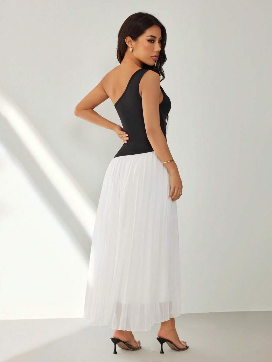 SHEIN PETITE Vestido elegante sin mangas para mujer con contraste de color en los hombros, vestidos largos para mujer, para citas, uso diario, elegante, conjuntos elegantes para mujer - Multicolor - Ver 1