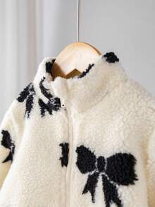 SHEIN Cute Babygirl Bow Plush Fleece Stand Collar Jacket, Versatile Casual For Autumn/Winter Baby Girl Jacket Baby Girl Fleece Jacket Baby Girl Bow Jacket Baby Girl Winter Jacket Baby Girl Fall Jacket - Khaki - View 5