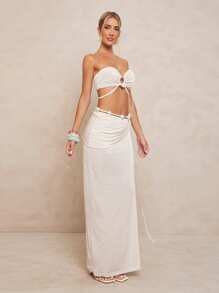 Lumalex Conjunto de 2 piezas de top tubo y falda plisada con decoración de perlas falsas para mujer, atuendo para fiesta todo blanco, modesto, elegante, bohemio, para playa, mar, vacaciones, verano, boda, ceremonia, banquete - Albaricoque - Ver 8