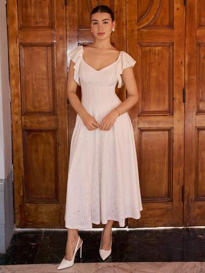 Andrea Bello Women's Sweetheart Collar Cinched Waist A-Line Ruffle Sleeve Jacquard Weave Elegant Romantic Dress