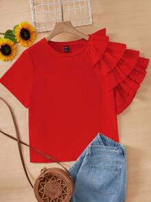SHEIN Essnce Camiseta unicolor ribete con fruncido - Rojo - Ver 7