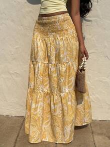 SHEIN Tall Falda larga estampada de estilo bohemio para mujer, uso casual de vacaciones y diario, primavera/verano - Amarillo - Ver 7