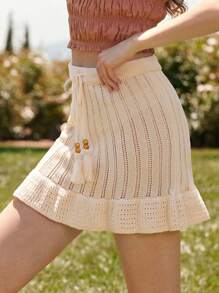 WESTFADE Apricot,Autumn,Boho,Picnic,Holiday Mix Stitch Rib Knit & Pointelle Drawstring Waist Tassel Bow Tie Front Ruffle Tiered Fitted Mini Skirt Cowgirl Beach - Apricot - View 4