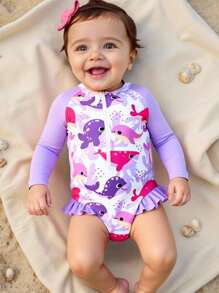 Baby Girls' Cute Cartoon Fish Print Long Sleeve Rash Guard One-Piece Swimsuit, Ideal For Resort & Beach Wear