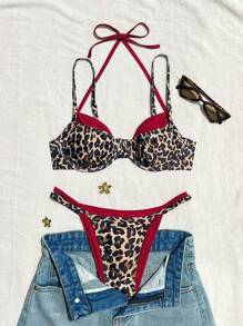 SHEIN 女士豹纹吊带聚拢比基尼上衣和下装两件套泳衣套装，适合海滩度假 - 彩色 - 查看 2