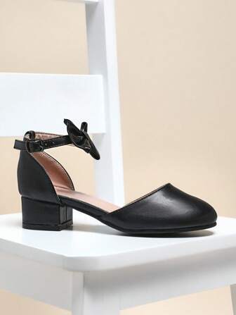 Mini mi #Sweetcore Minimalistiska Svarta Finskor med Rosett i Pu för Flickor – Lågklackade Pumps med Ankelrem, Kokosinspirerad Elegant Look för Fester, Vardagskläder och Franska Outfits