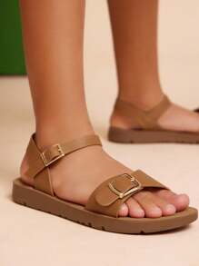 Mini mi 时尚女孩棕褐色带扣露趾平底凉鞋 - 俏皮又舒适 - 棕色 - 查看 3