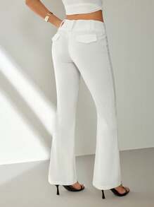 SHEIN PETITE 秋冬休闲通勤纯色低腰喇叭西装裤 - 白色 - 查看 2