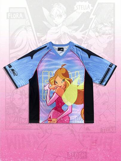 Winx Club X ROMWE Maglietta estiva da uomo con scollo a V, maniche a raglan, stampa a contrasto di personaggi dei cartoni animati e stelle, casual e di stile da strada