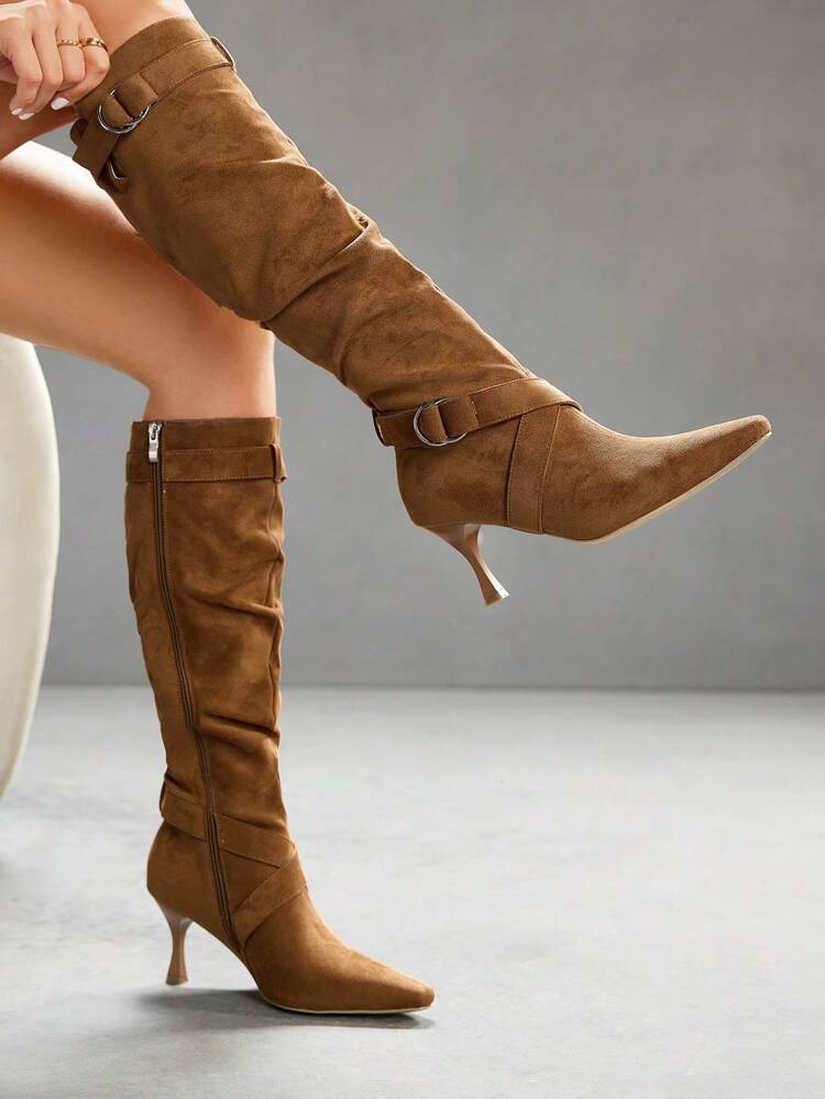 CUCCOO SZL Women Pointed Toe Suede Stilettos With Buckle Strap Decor, Simple Yet Fashionable Comfortable Pleated Design Side Zip Boots For Everyday & Party Wear