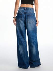 LYSMO Women's Casual Everyday Washed Slant Pocket Pearl Decor Wide Leg Jeans - Blue - View 2