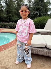 Young Girl Fashion Sports Street Style Pink & White Number 23 Print Jersey T-Shirt, Loose Casual Tee With Contrast Fabric Panels Kids Y2k Style