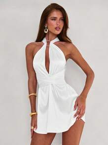 Aloruh Damen sexy Minikleid mit Metallschnallen-Dekor, rückenfrei, Neckholder, körperbetont, einfarbig. Damen Abendkleid, Sommerkleid, Hochzeitsgast-Kleid, Urlaubsoutfit für Insel, elegantes Partykleid, Geburtstagskeid, Cluboutfit für Damen