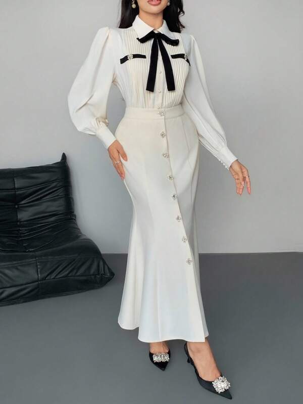 DAZY Women's Loose Bowknot Tie Colorblock Pocket Decor Blouse & A-Line Skirt 2Pcs Suit, Elegant For Party White Elegant Dress Women White Classy Dress White Bow Dress Long Sleeve Elegant Dress French Style Dress