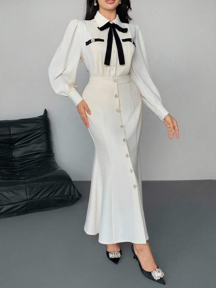 Women's Loose Bowknot Tie Colorblock Pocket Decor Blouse & A-Line Skirt 2Pcs Suit, Elegant For Party White Elegant Dress Women White Classy Dress White Bow Dress Long Sleeve Elegant Dress French Style Dress