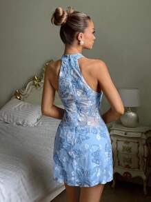 Glamine Women's Summer Elegant Light Blue Floral Party Dress,Semi-Sheer Slim Fit Backless Strappy Midi Dress, Date Night European Vacation Outfit - Green - View 2