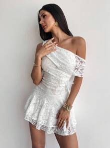 Firerie Asymmetrical Neck Cinched Waist Romantic Floral A-Line Lace White Mini Dress, Elegant For Dates, Parties, Vacations - White - View 10