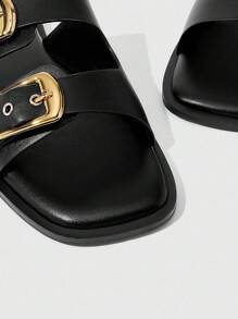 HighSole Women's Fashion Alluring Casual Flat Sandals, Brown With Metal Buckle Decor, PU Material, Round Toe, Comfortable For Indoor, Office, Street, Party Wear, Suitable For Dresses, Jeans, Shorts, Beach - Black - View 7