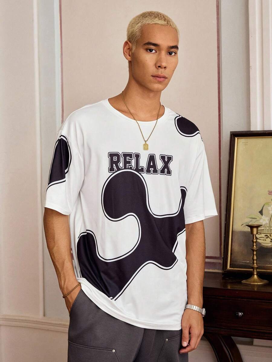 SWAVVY Casual Everyday Loose Men's White Letter Print T-Shirt