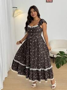 SHEIN SunnyBelle Plus Size Sweetheart Collar Button Faux Placket, Cap Sleeve, Ditsy Floral & Lace Trim Shirred Waist Dress