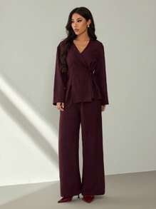 SHEIN PETITE Valentine's Day&New Year Women's Blazers, Burgundy Set,Suit Suits,Office Ladies' Wear, Business Ladies' Wear,Two Pieces Fall Outfits,Matching Outfits Couples,Shirt Set,Fall Clothes,Matching Family Pajamas,New Years Women Outfit - Burgundy - View 3