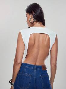 Denimoi 夏季性感露背围脖领无袖上衣 - 白色 - 查看 3