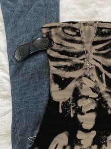 Attitoon Top corto con nudo delantero y estampado de esqueleto derritiéndose, adecuado para el verano - Negro - Ver 4