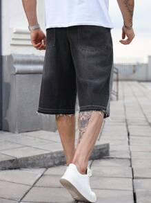 Manfinity Homme Short en jean ample, décontracté et mode de rue pour hommes grande taille, avec contraste de couleurs et bord brut - Gris - Voir 2