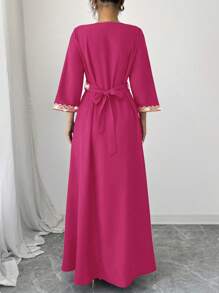 Elenzga 女士优雅流苏亮片拼接V领喇叭袖束腰长裙 - 玫紅色 - 查看 2