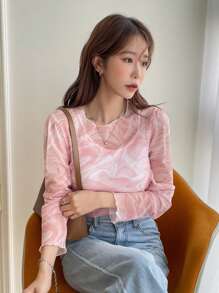 DAZY 1pc Marble Print Lettuce Trim Mesh Top Going Out Tops Valentine Valentine's Day Sheer Long Sleeve Women Tops,Fall Women Clothes - Baby Pink - View 3