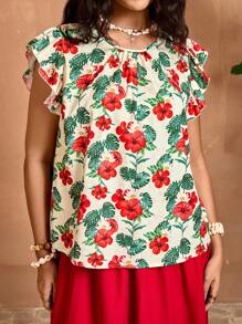 SHEIN VCAY 大码休闲度假风格热带印花盖袖波西米亚风衬衫 - 彩色 - 查看 4