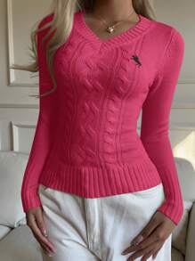 SHEIN EZwear Women's Solid Color V-Neck Regular Shoulder Long Sleeve Fitted Cable Knit Sweater Fall Tops,Tops For School - Hot Pink - View 5