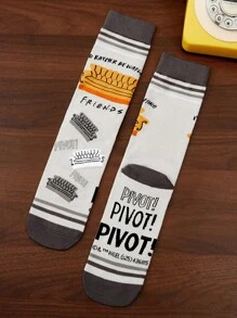 FRIENDS X SHEIN 3 pares de calcetines informales tipo media hasta el tobillo, suaves y transpirables, con diseños de dibujos animados, de color gris y negro de moda, con dedos y talones reforzados para mayor durabilidad, unisex para hombres y mujeres, aptos para todas las estaciones y a juego con cualquier atuendo