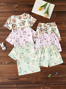 SHEIN 3pcs/Set Piyama Motif Kartun untuk Anak Perempuan, Pakaian Tidur Malam Lengan Pendek Musim Panas, Set Pendek Warna Pink untuk Anak Perempuan - MultiWarna - View 2