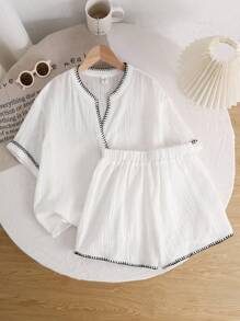 青少年女孩休闲舒适宽松开衫衬衫和短裤两件套 - 白色 - 查看 1