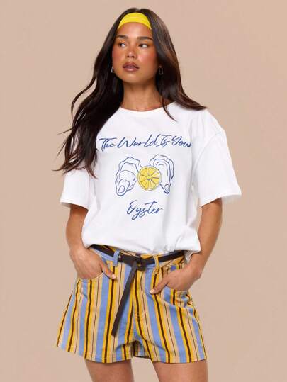 MUSERA The World Is Your Oyster Graphic Print T- Shirt Summer Vacation Holiday Festival Cute Casual Oversized Graphic Tees Airport Holiday Back To School Tuscan Sun