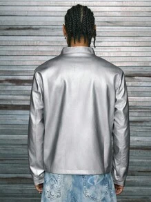 AXEPEAK 男士拉链 PU 皮革 Rave 夹克，派对银色时尚反光长袖摩托车夹克，适合朋友、丈夫、男朋友的礼物，适合秋冬 - 銀色 - 查看 2