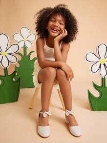 Mini mi Sweetcore Girls Minimalist Bow Pu Nude Dress Shoes – Cream Low Heel Pumps With Ankle Strap, Coco-Inspired Elegant Look For Parties, Daily Wear & French Style Outfits