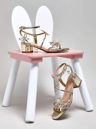 Mini mi Crystal-Encrusted 3D Butterfly Rhinestone-Dusted Block Heel Champagne Dress Sandals|Heels For Princess Cosplay