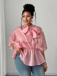 Maweii 大码优雅纯色蝙蝠袖领带衬衫 - 粉色 - 查看 4