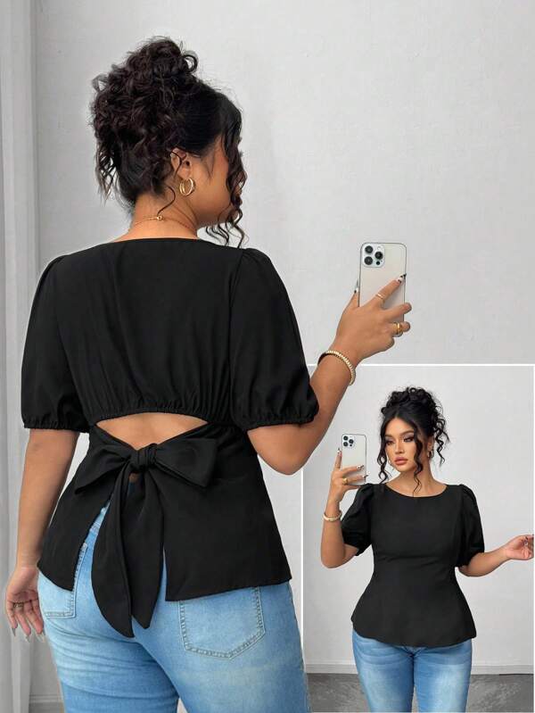 Elenzga Plus Size Women Solid Color Bow Tie Open Back Casual Short Sleeve Shirt, Summer Women Outfit