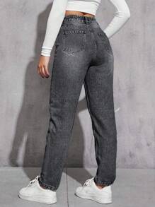 SHEIN ICON 女式休闲日常水洗斜口袋做旧牛仔裤 - 黑色 - 查看 5