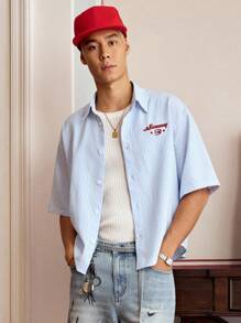 SWAVVY 青年男士休闲宽松短袖条纹梭织衬衫