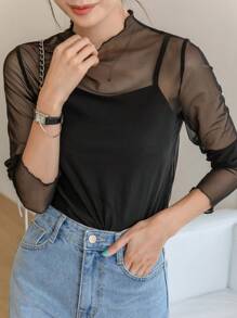 DAZY Lettuce Trim Mock Neck Mesh Top Without Cami Top Sheer Top Going Out Tops Long Sleeve Women Tops - Black - View 1
