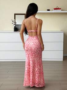 SHEIN EZwear 夏季女士休闲浅粉色豹纹连衣裙 - 淺粉色 - 查看 2